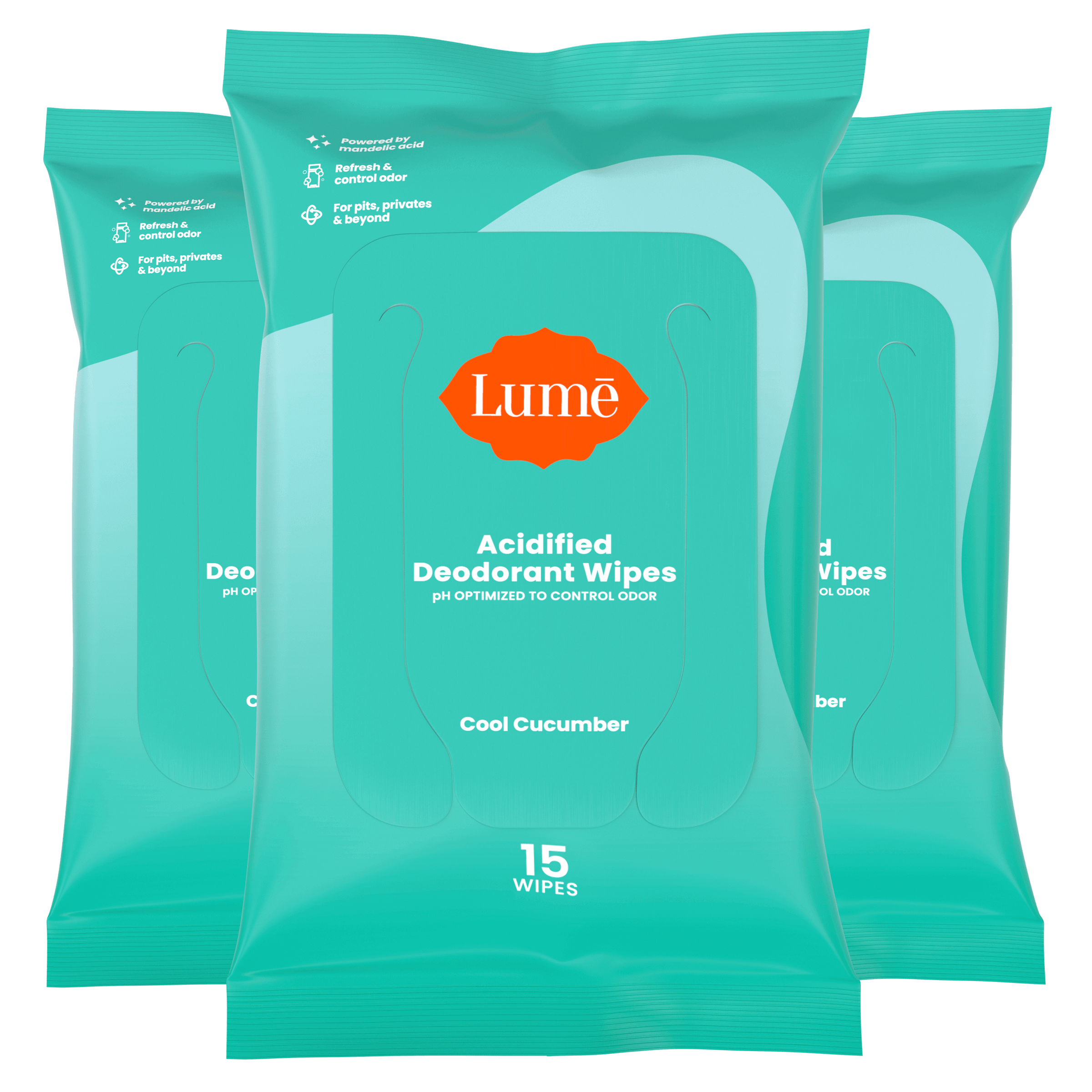 Three green packs of 15 count wipes overlapping