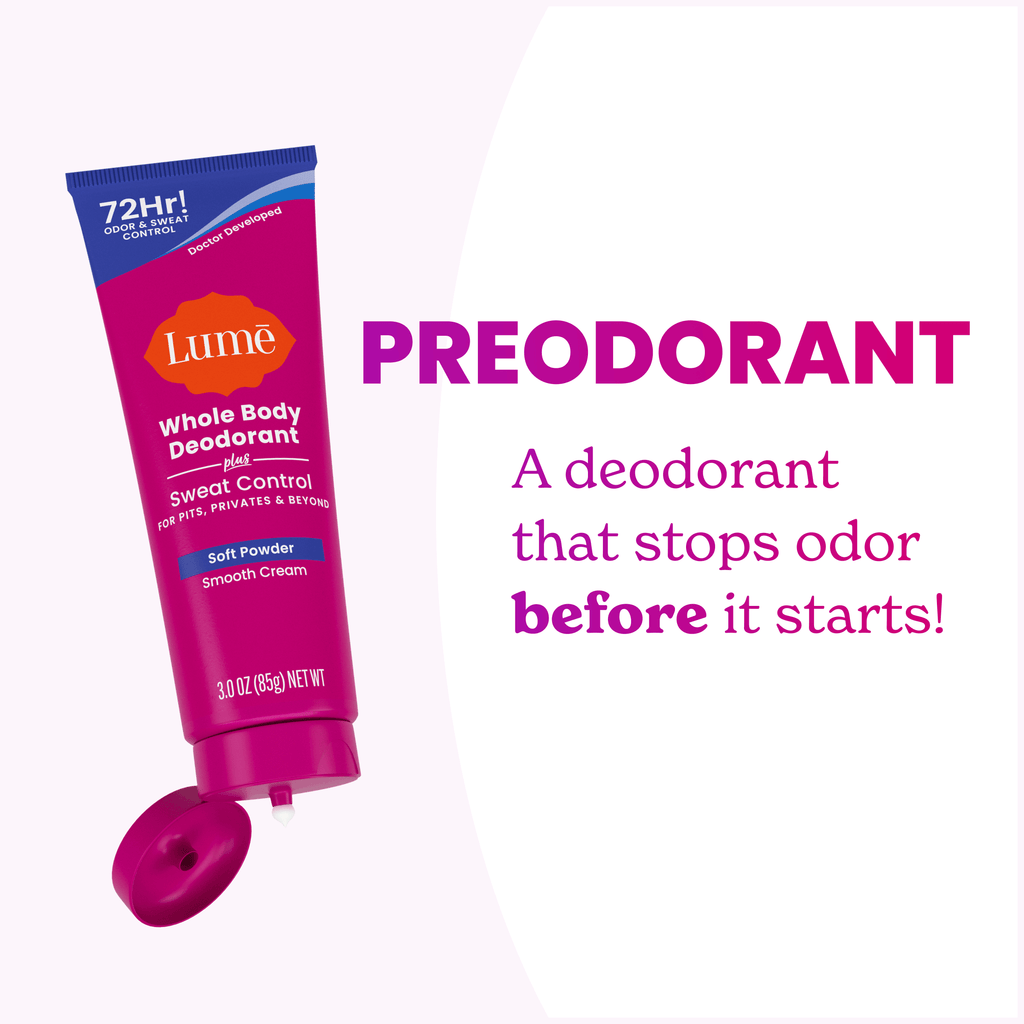 Open tube of Lume Cream Deodorant plus Sweat Control alongside the text: Preodorant. A deodorant that stops odor before it starts!