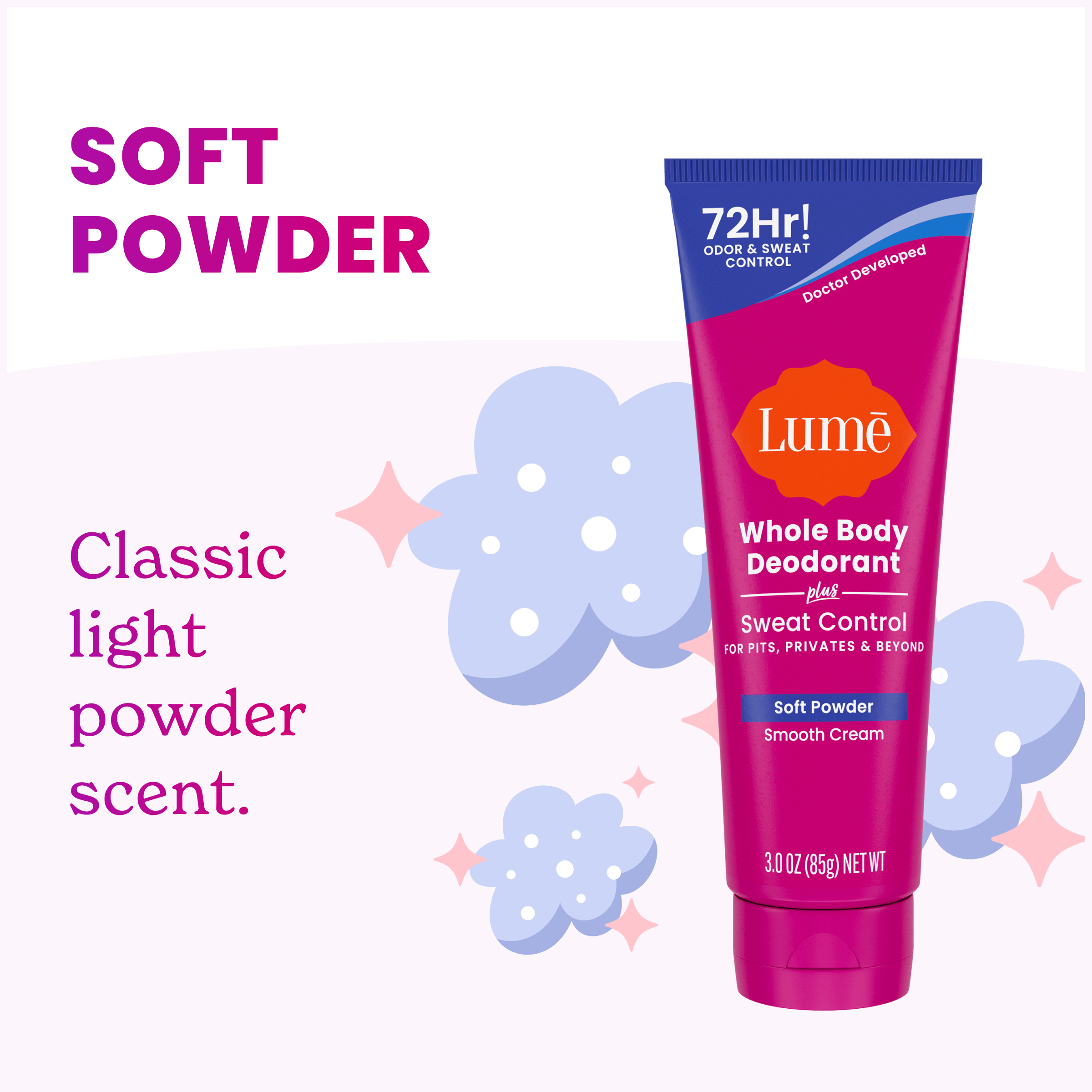 Lume Cream Deodorant Plus Sweat Control tube over clouds, stars, and the text: Classic light powder scent.