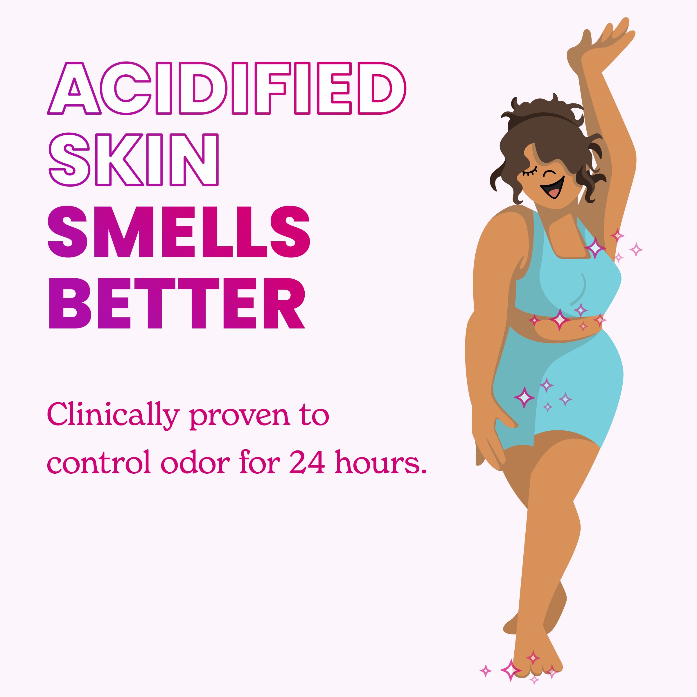 Drawing of a woman and text: Acidified Skin Smells Better. Clinically proven to control odor for 24 hours.