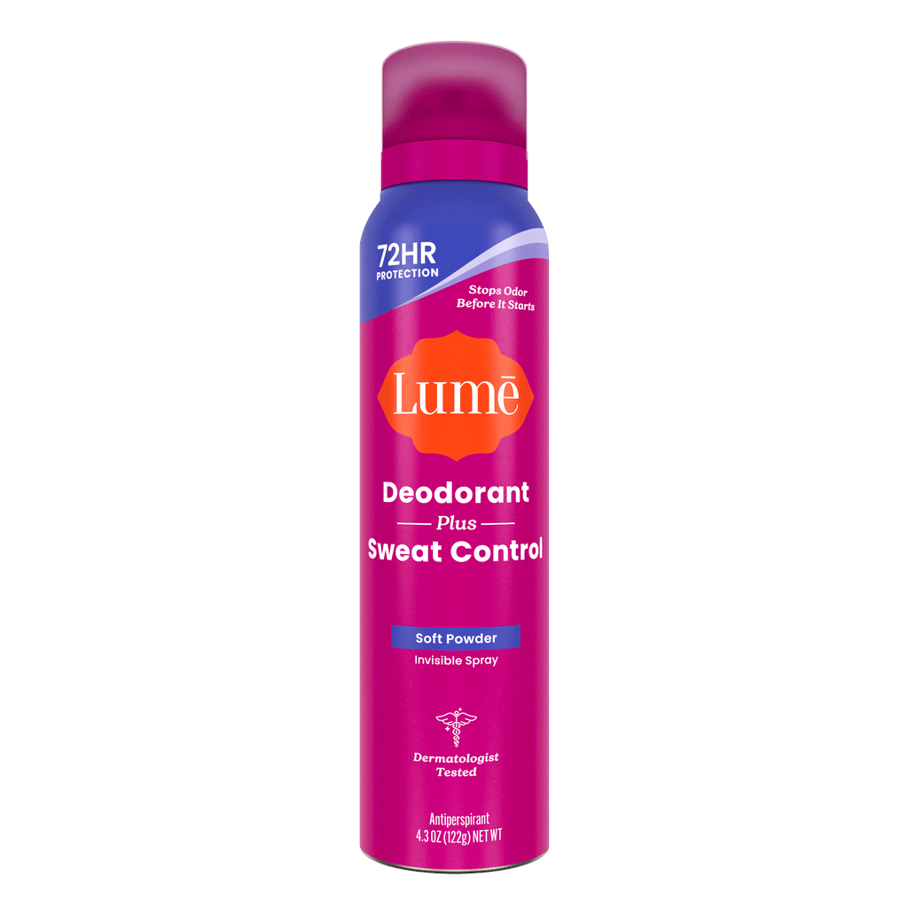 Can of Lume spray deodorant plus sweat control in the scent Soft Powder