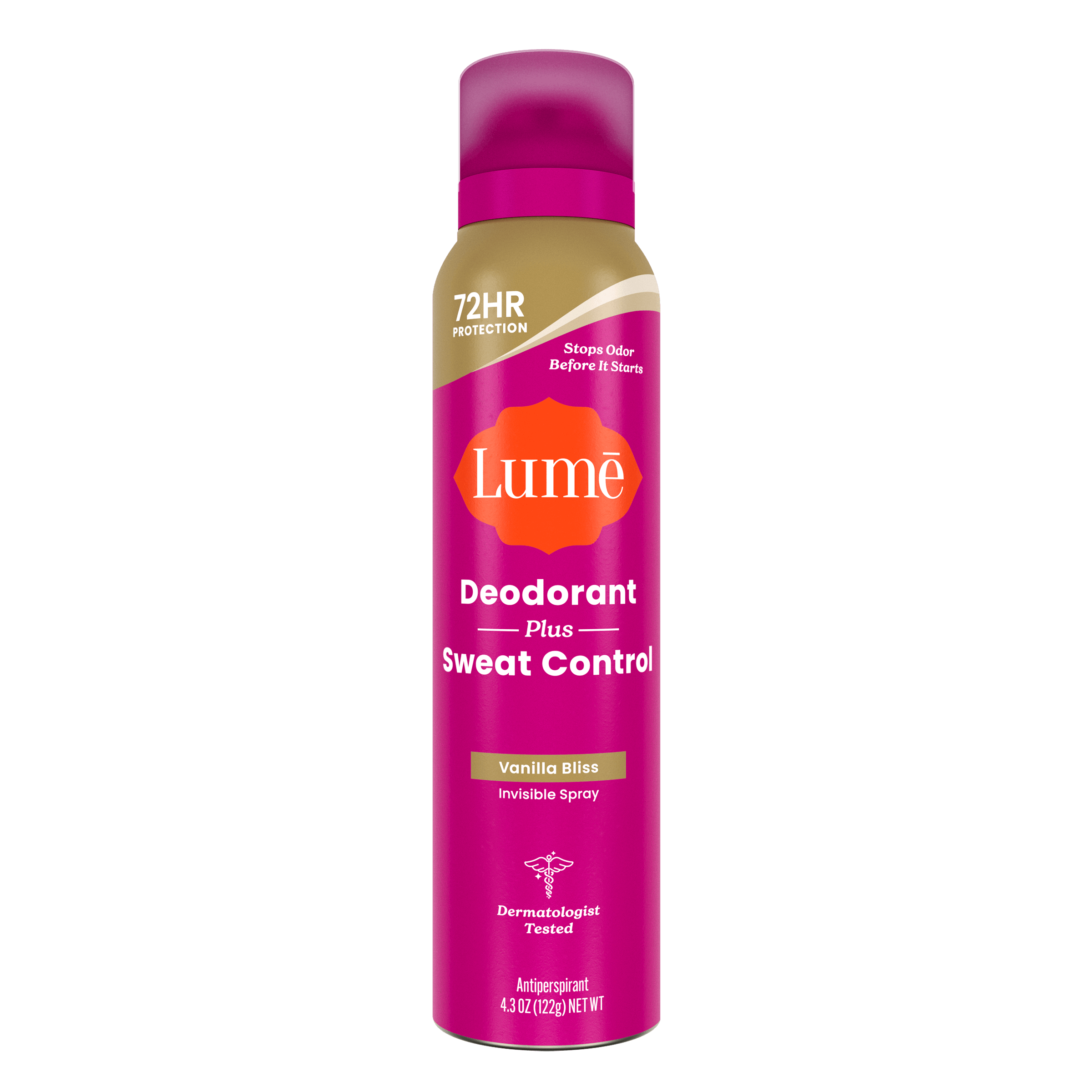 A can of Lume spray deodorant plus sweat control in the scent Vanilla Bliss