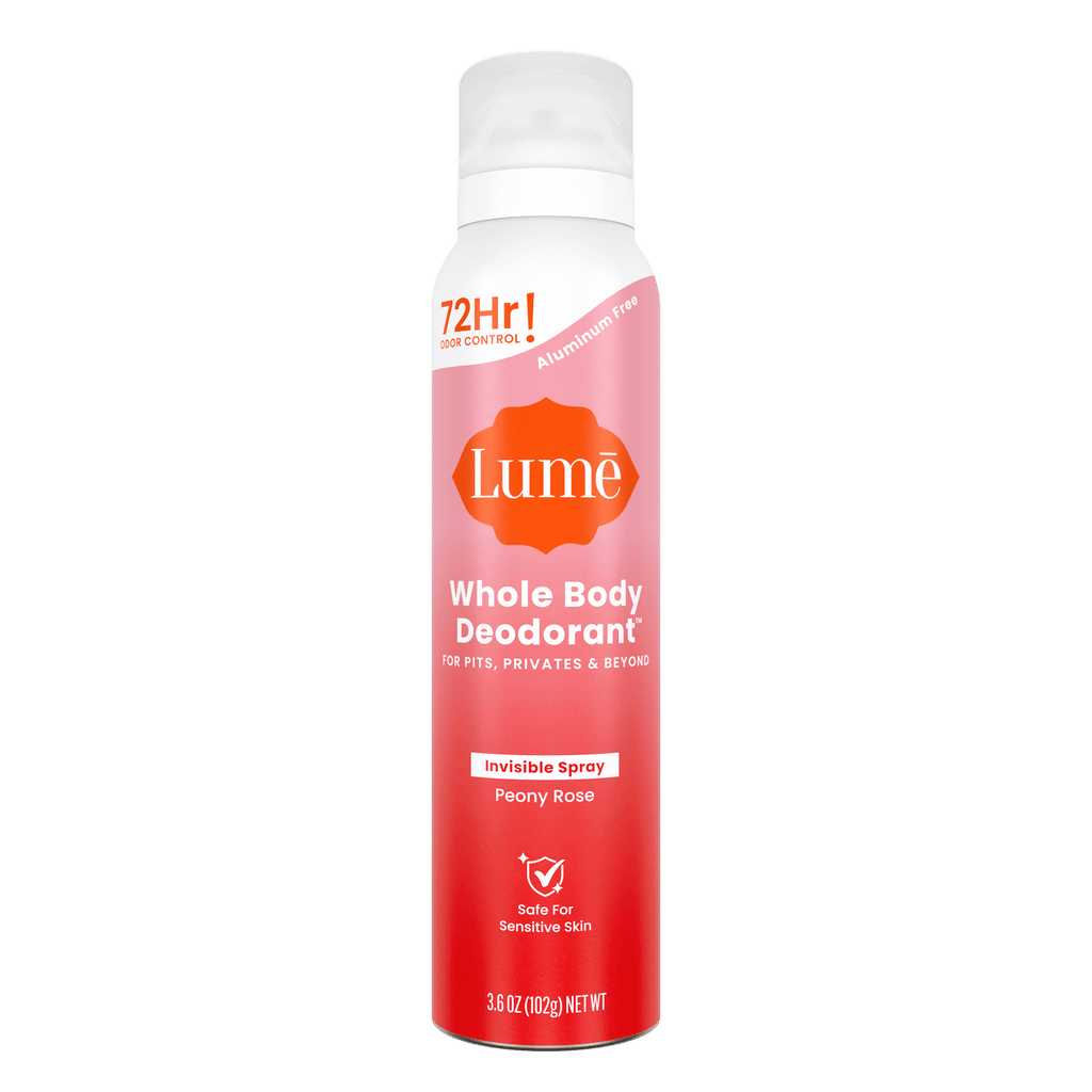 Can of Lume aluminum free spray deodorant in the scent Peony Rose