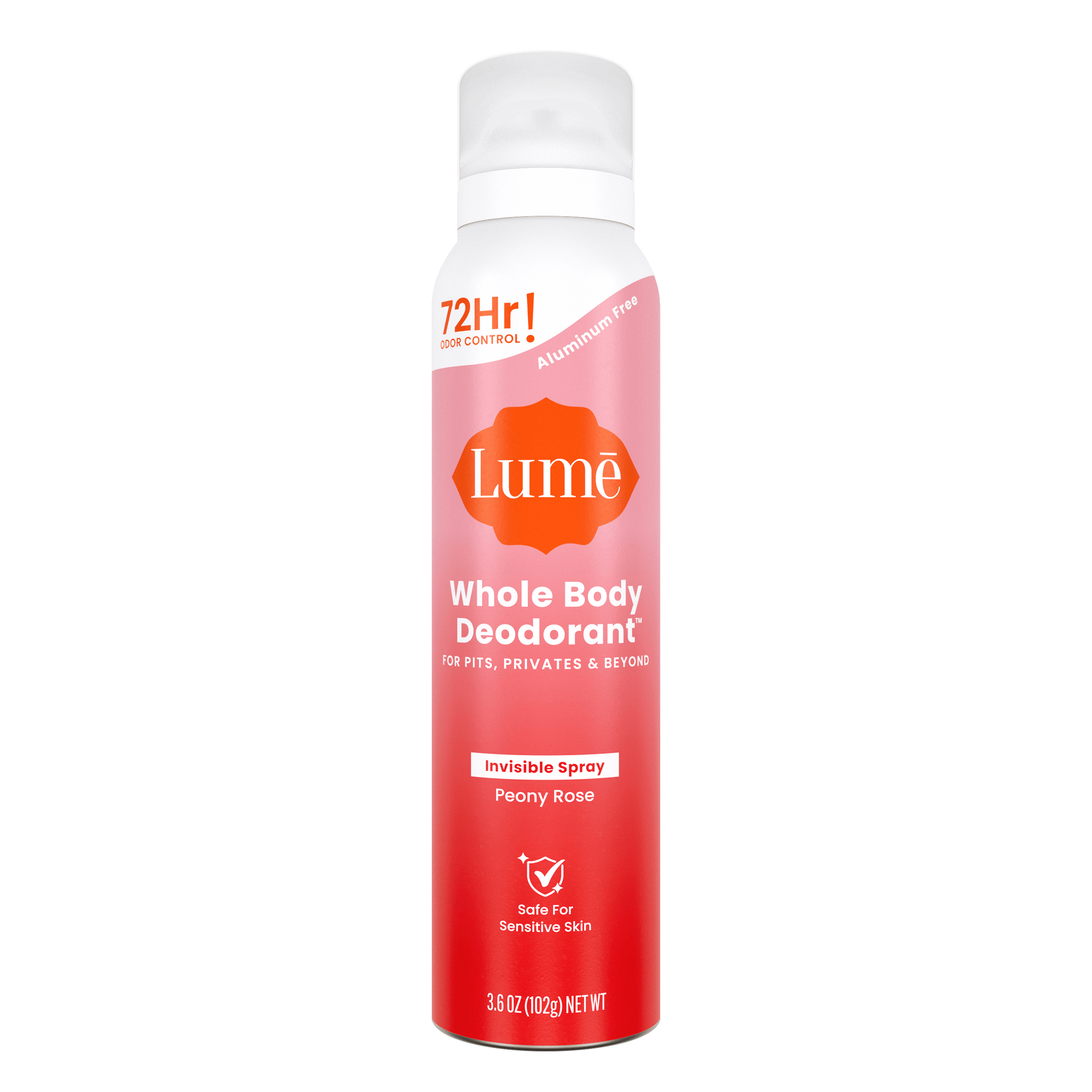Can of Lume aluminum free spray deodorant in the scent Peony Rose