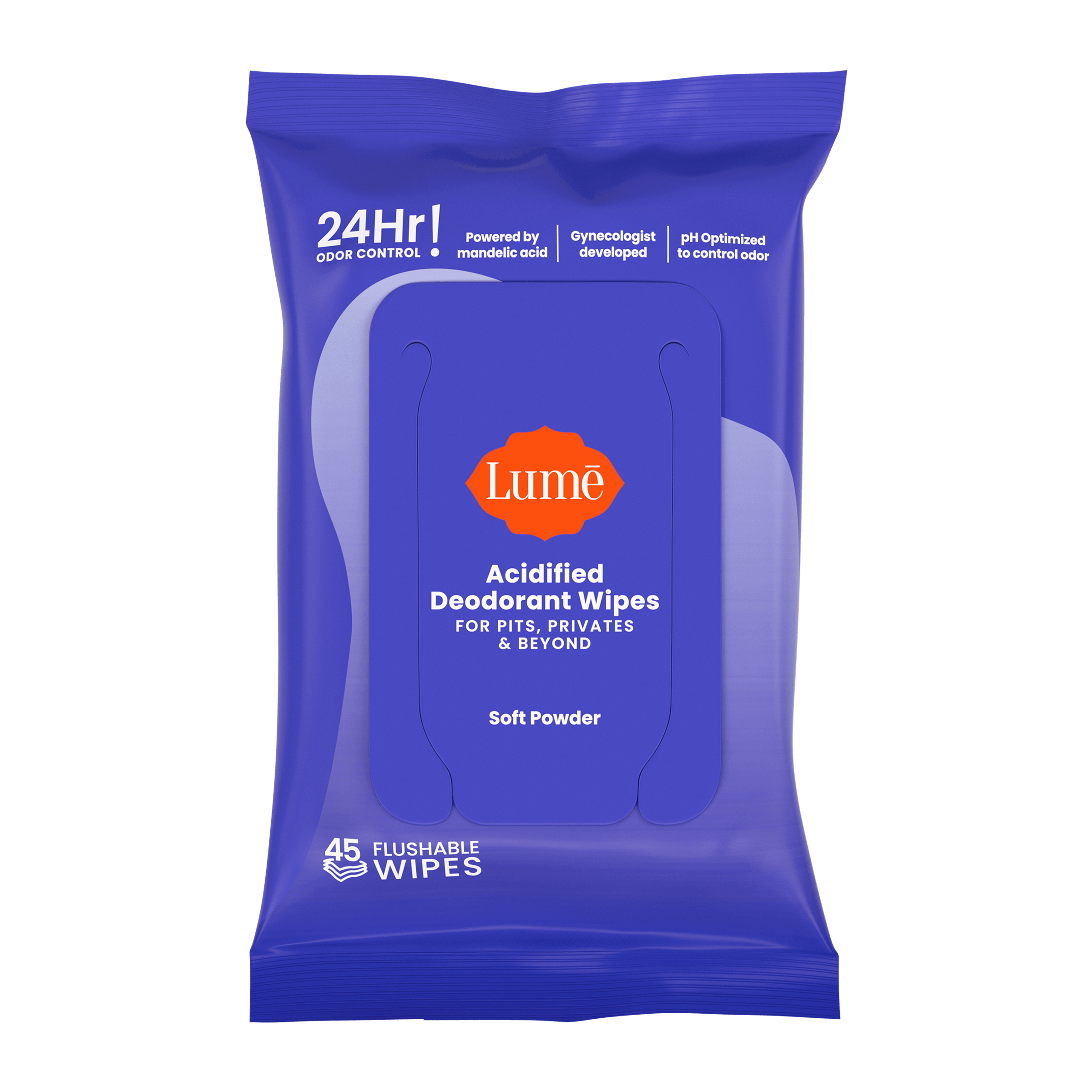 Pack of Lume acidified deodorant wipes in the scent Soft Powder