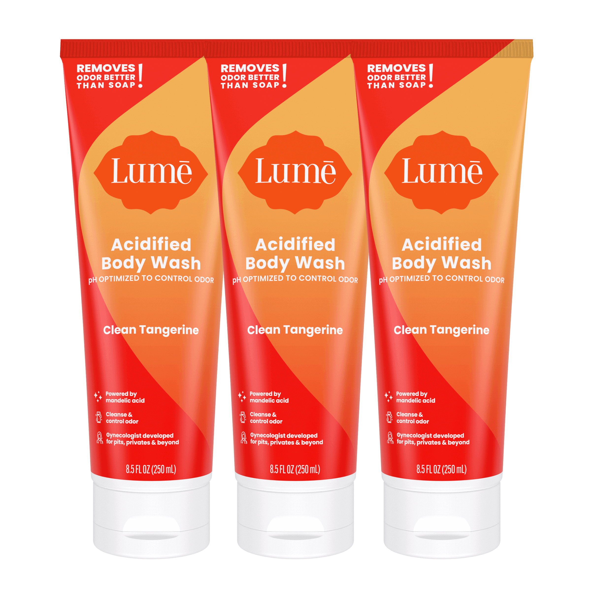 Three orange tubes of body wash in the scent Clean Tangerine