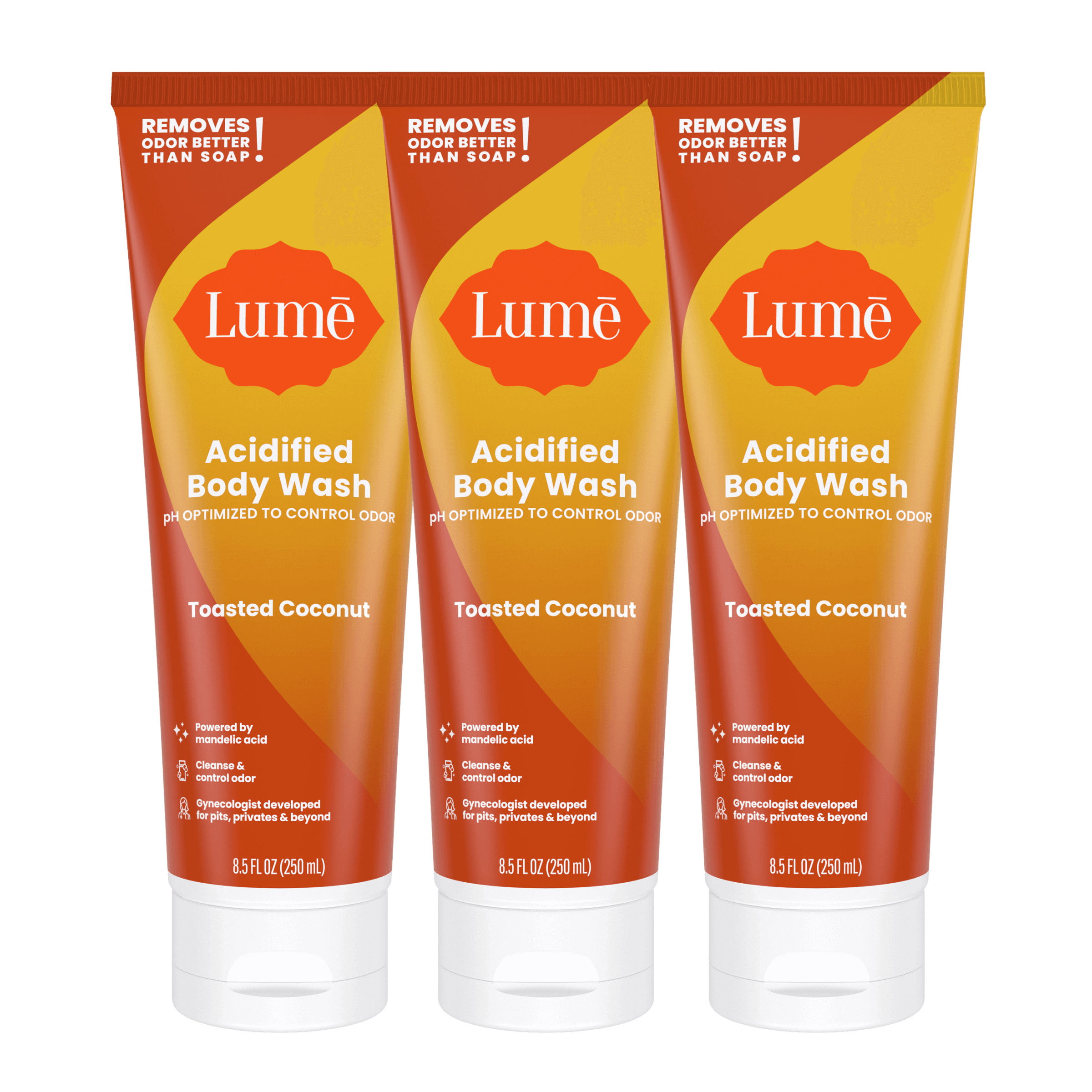 Three orange tubes of body wash in the scent Toasted Coconut