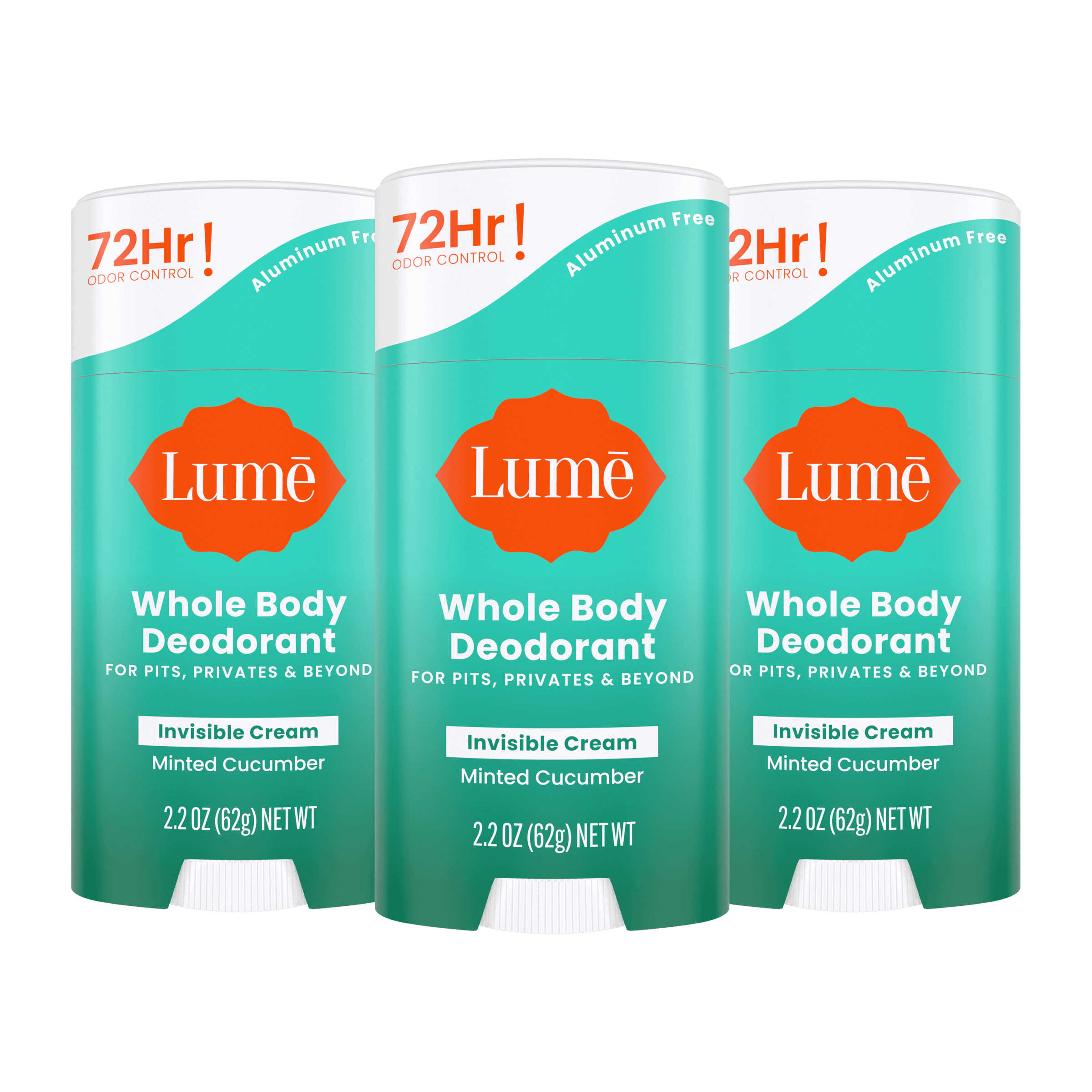 Three green Lume cream deodorant sticks in the scent Minted Cucumber