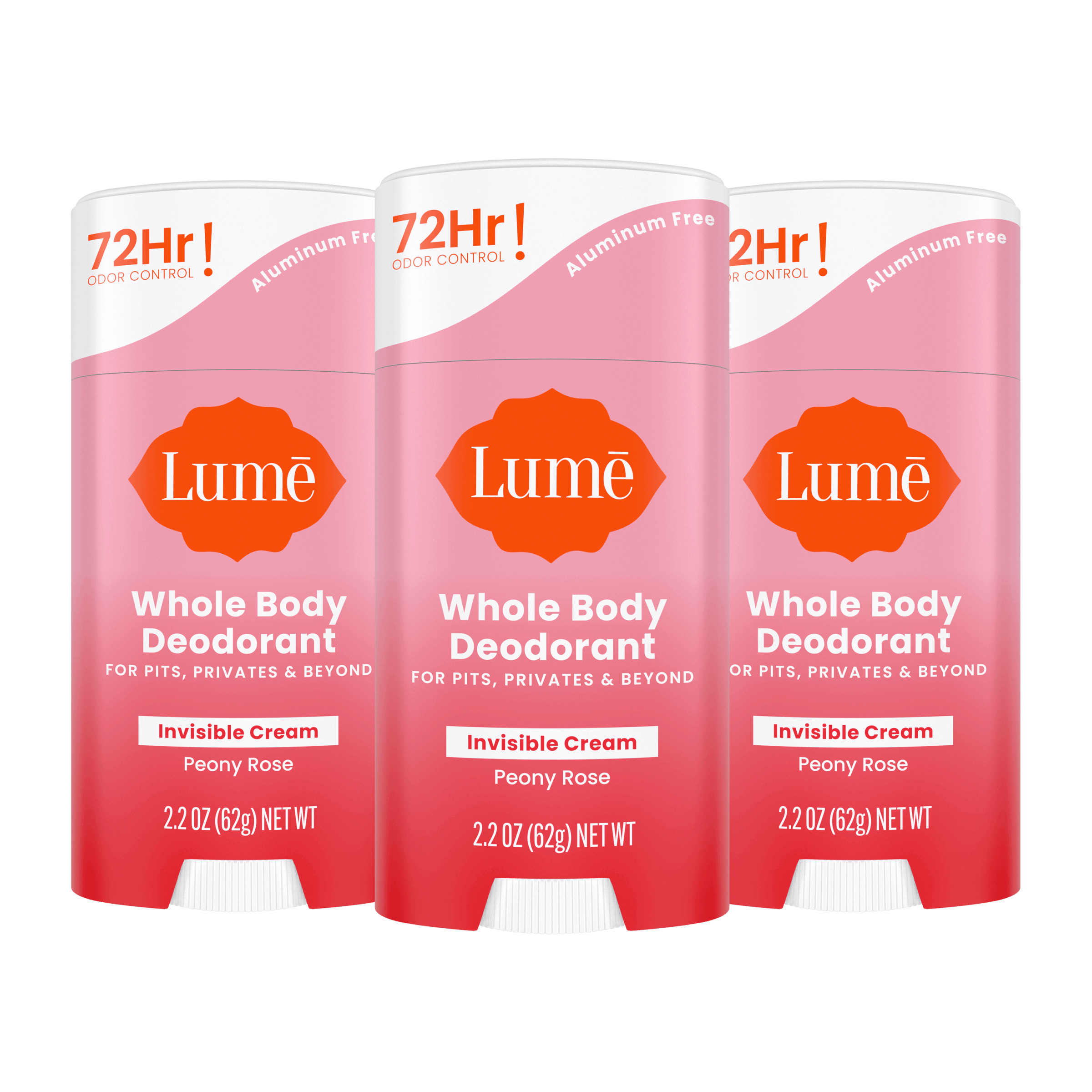 Three pink Lume cream deodorant sticks in the scent Peony Rose
