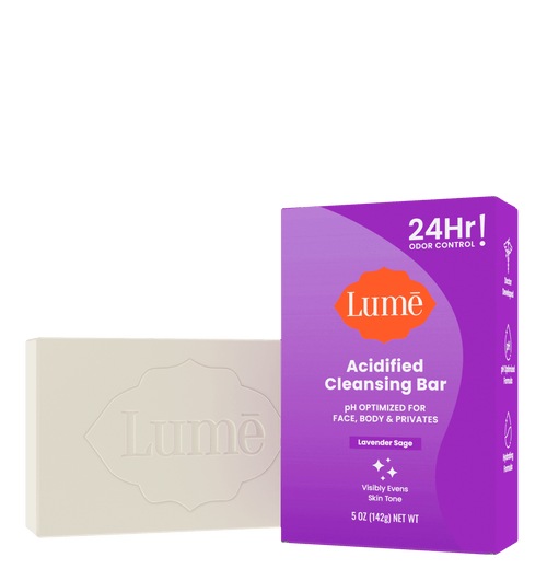 Lume cleansing bar. The packaging says "PH optimized for face, body, and privates. Visibly evens skin tone."