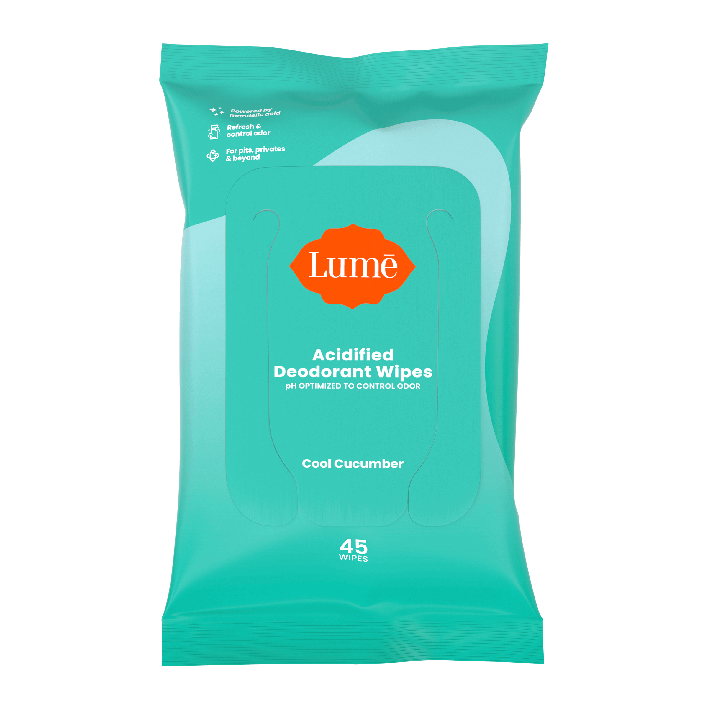 Aqua-green pack of 45 count Lume cool cucumber deodorant wipes against a white background