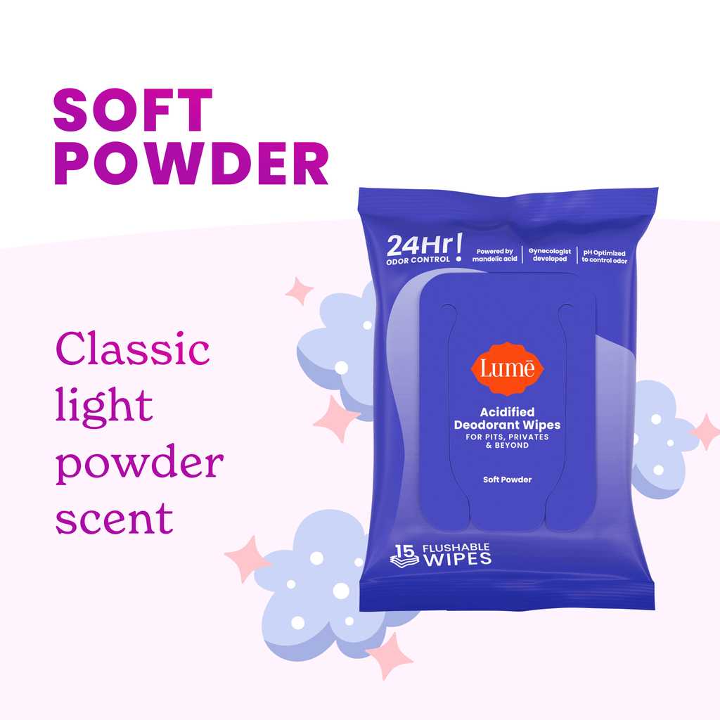 Pack of Lume deodorant wipes in front of a graphic of clouds and stars. Text says Soft Powder, classic light powder scent.