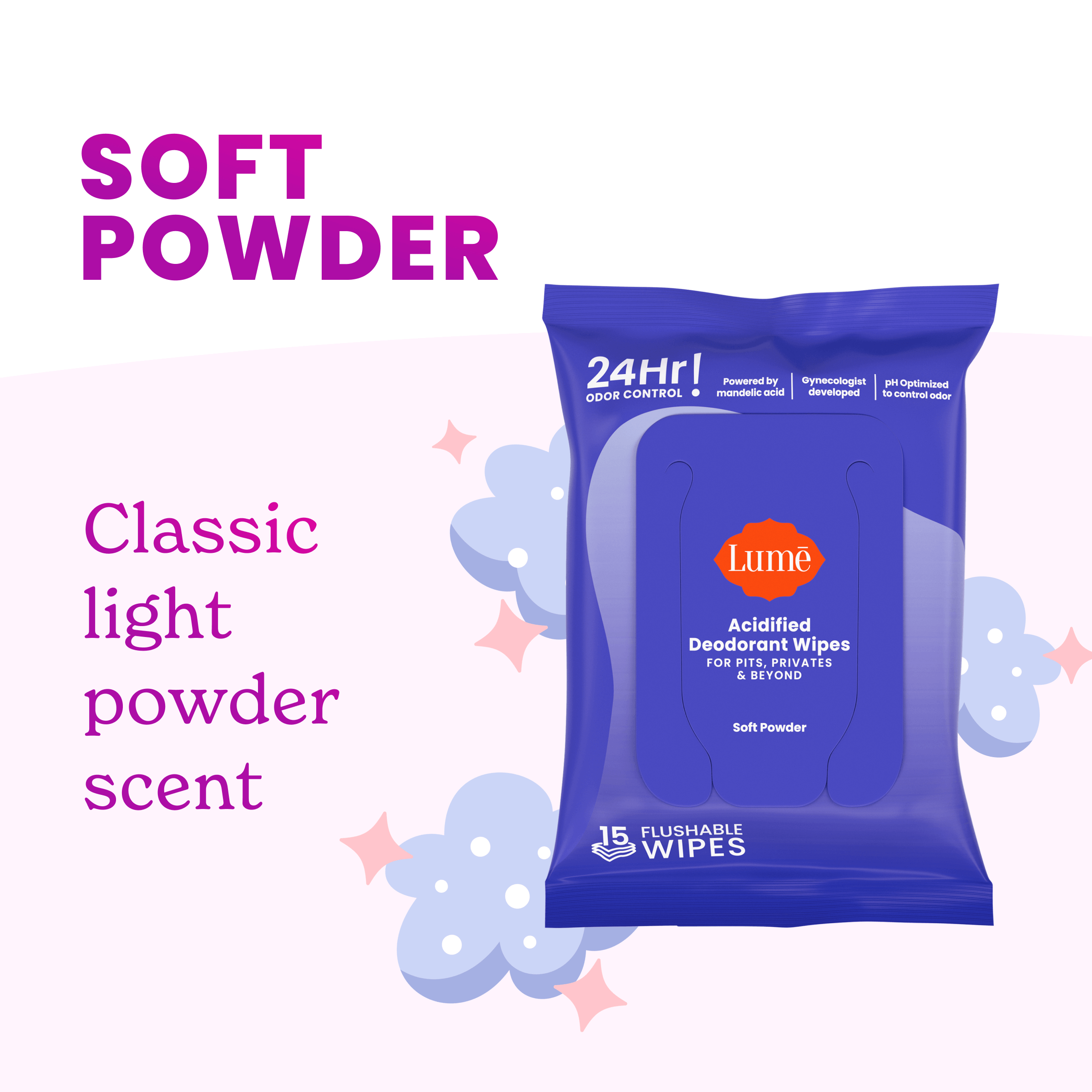 Pack of Lume deodorant wipes in front of a graphic of clouds and stars. Text says Soft Powder, classic light powder scent.
