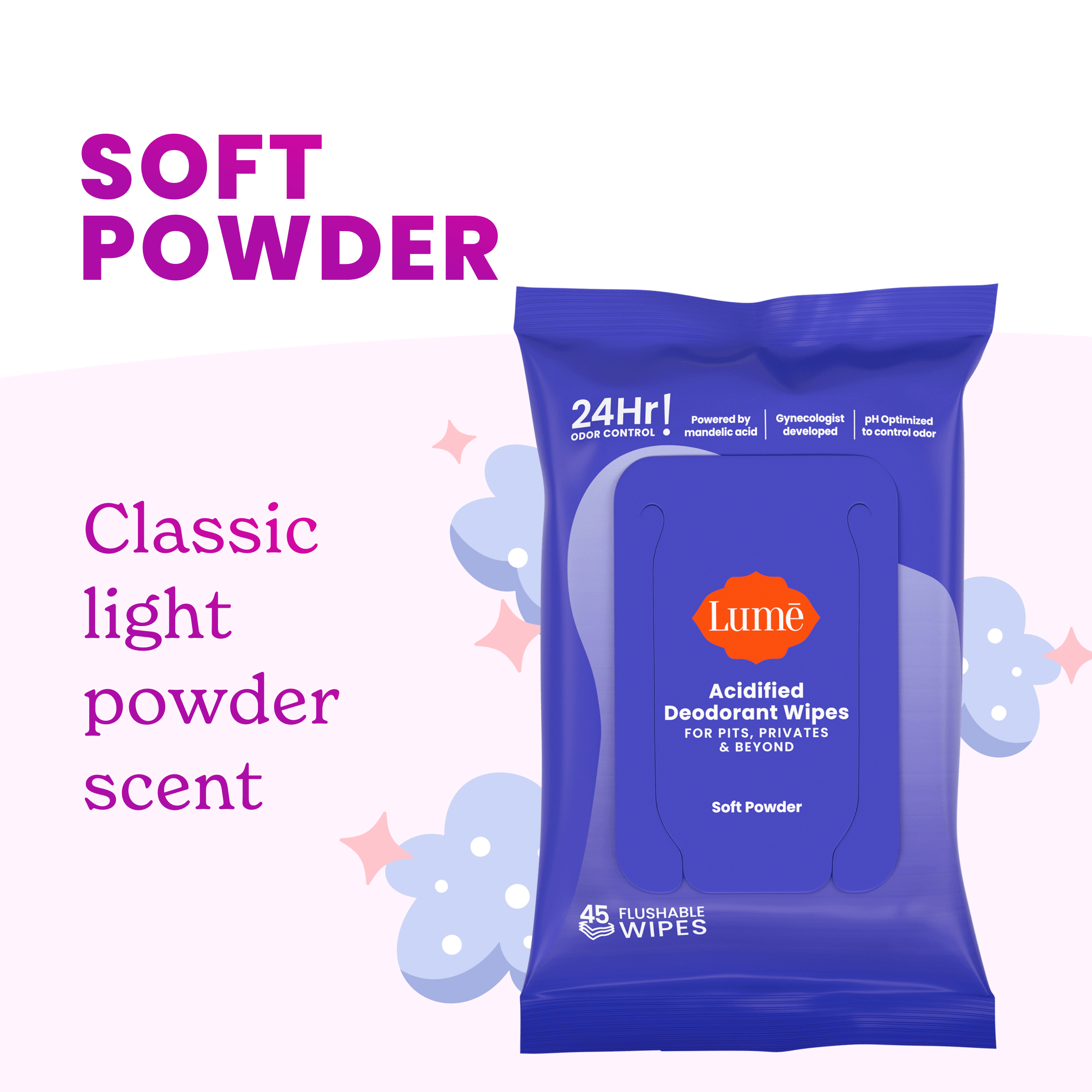 Pack of Lume deodorant wipes in front of a graphic of clouds and stars. Text says Soft Powder, classic light powder scent.
