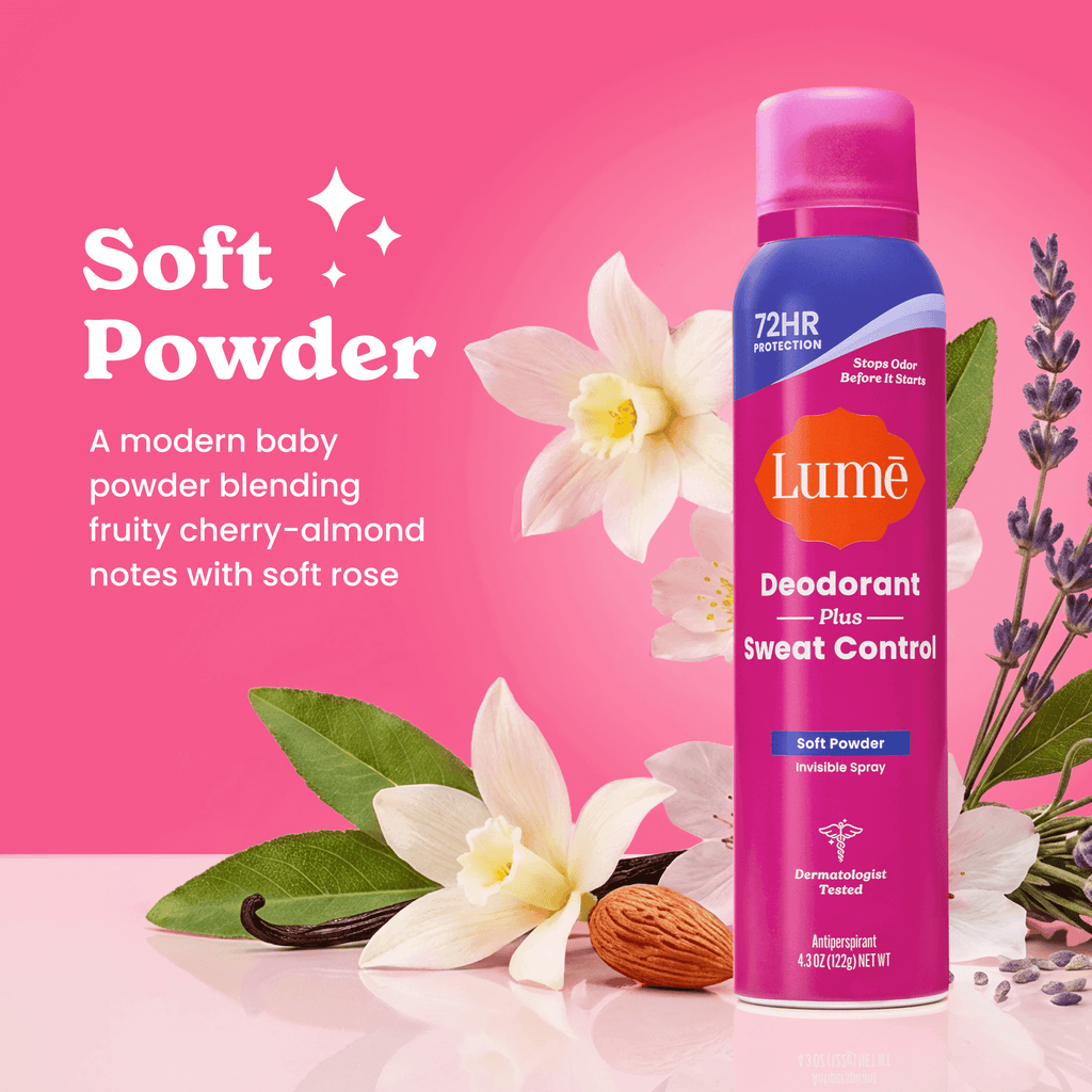 A can of Lume deodorant plus sweat control in front of flowers and an almond. The text says Soft Powder, a modern baby powder blending fruity cherry-almond notes with soft rose.