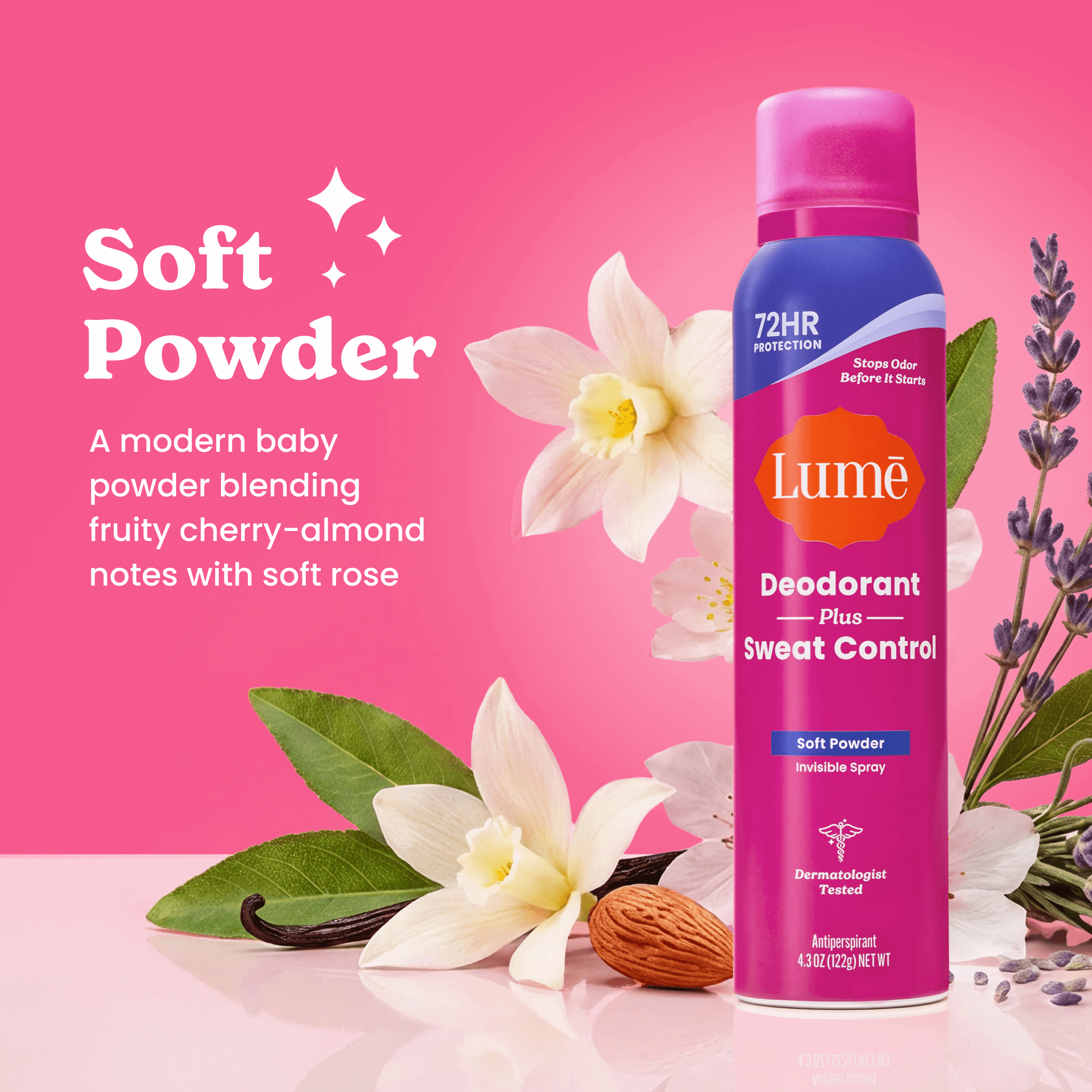 A can of Lume deodorant plus sweat control in front of flowers and an almond. The text says Soft Powder, a modern baby powder blending fruity cherry-almond notes with soft rose.