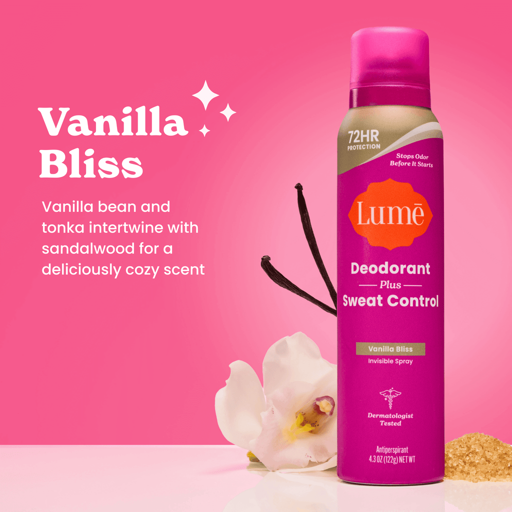 A can of Lume spray deodorant plus sweat control in front of a vanilla bean. Text says Vanilla Bliss. Vanilla bean and tonka intertwine with sandalwood for a deliciously cozy scent.
