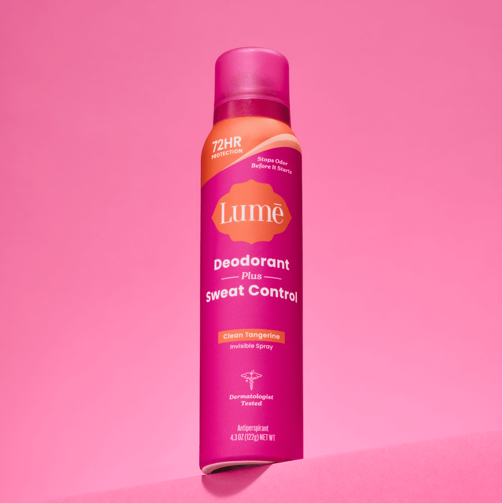 Can of Lume deodorant plus sweat control against a pink background.