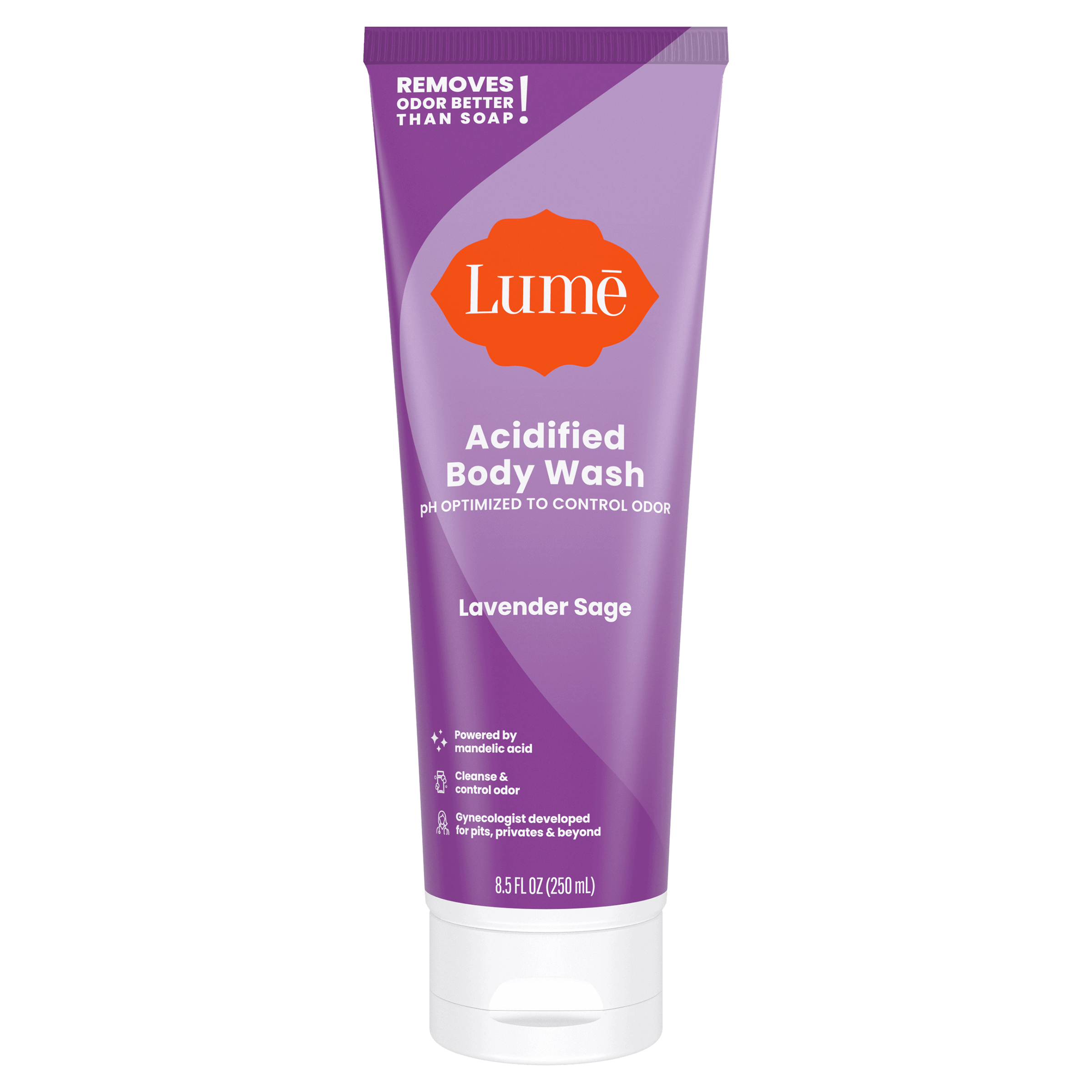 Purple Lume lavender sage scented acidified body wash against a white background