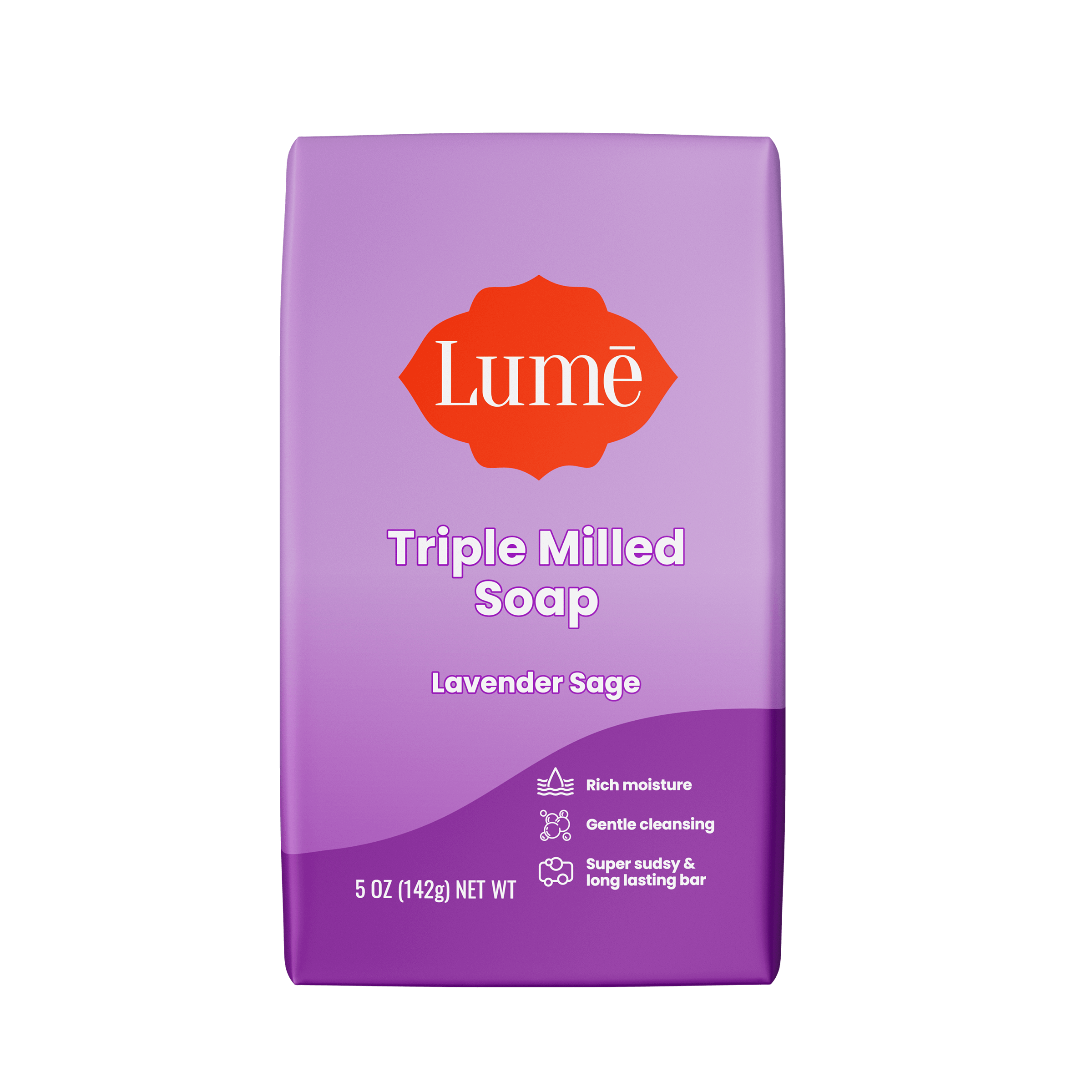 Purple Lume lavender sage scented soap bar against a white background