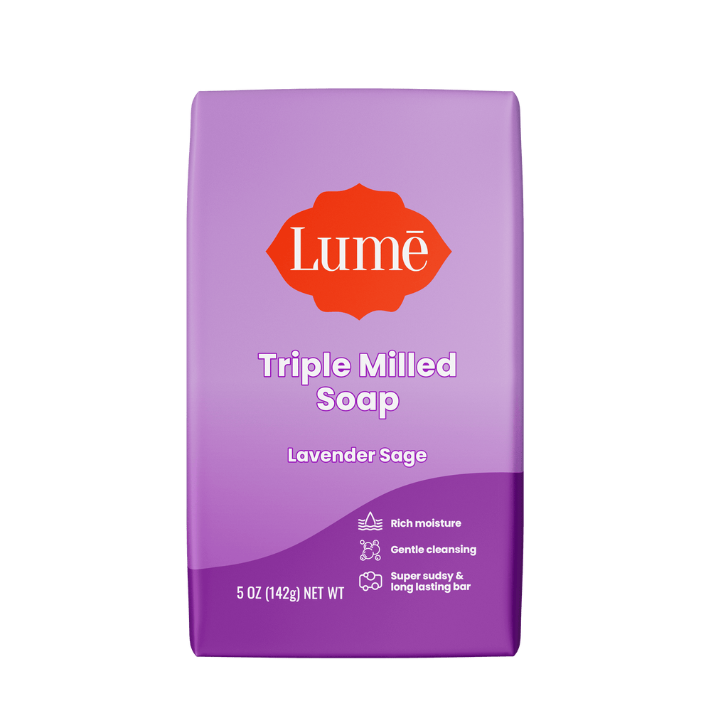 Purple Lume lavender sage scented soap bar against a white background