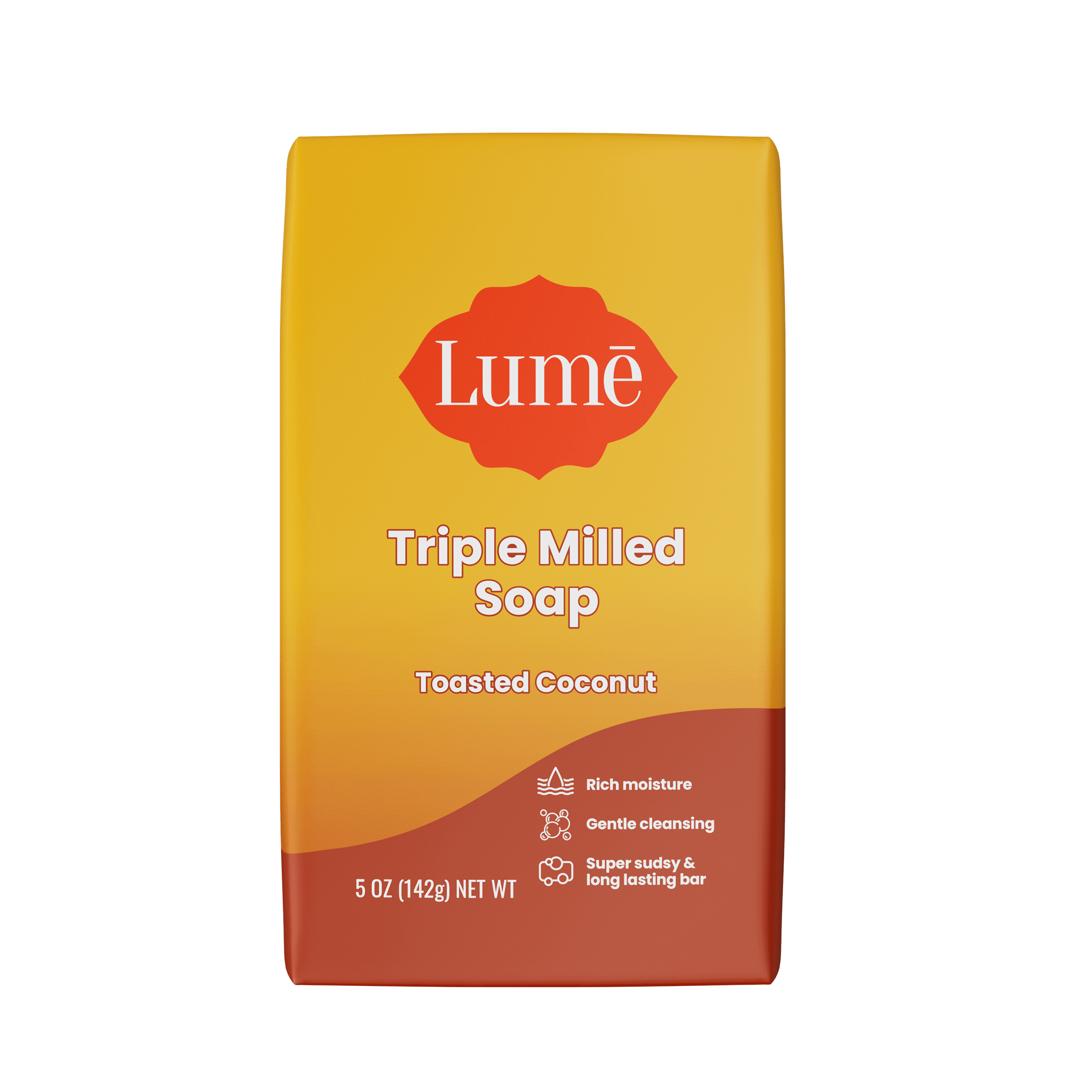 Bright orange Lume toasted coconut scented soap bar against a white background