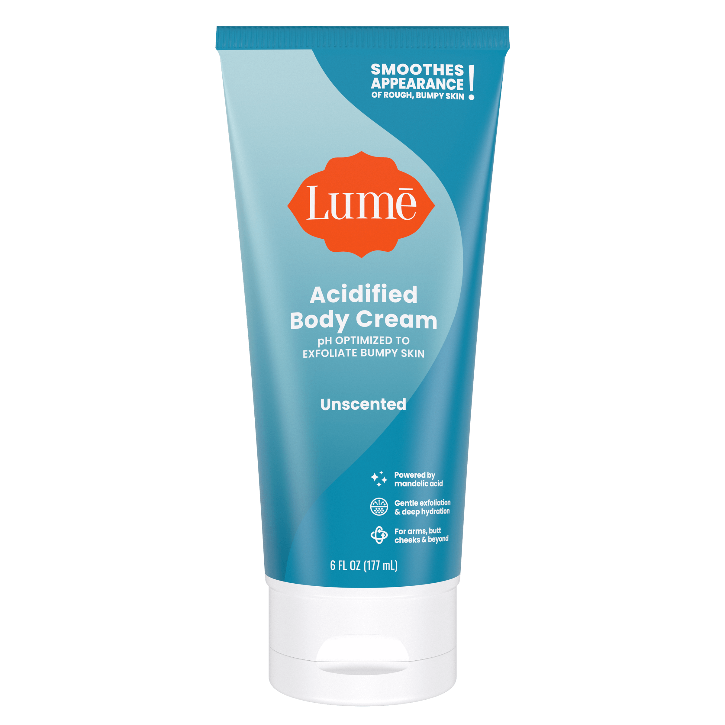 Light blue Lume unscented acidified body cream against a white background